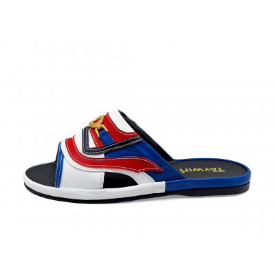 Men Sandals SKF-40 Blue Nappa-White Pebble grain-Red Nappa Microfiber Leather